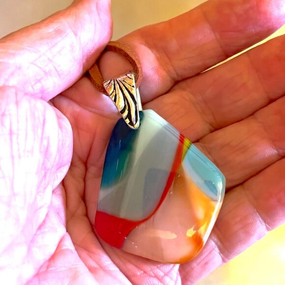 Peaches and Blues Beautiful Fused Glass Pendant Necklace - $4.99 Shipping - Picture 2 of 3